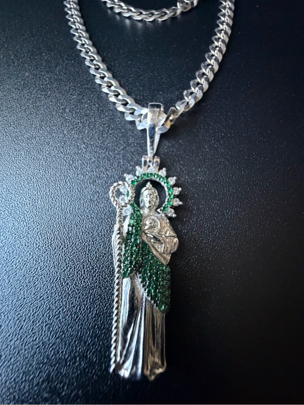 Men's Silver Religious Pendant Necklace with Green Accents St Jude San Judas